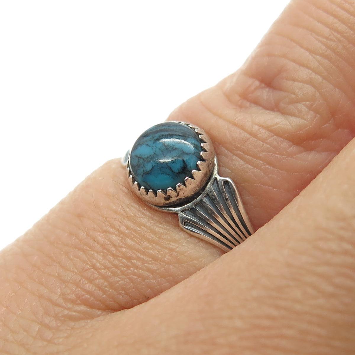 PACIFIC JEWELRY Old Pawn 925 Sterling Silver Turquoise Snake Eye Ring Size 3.75