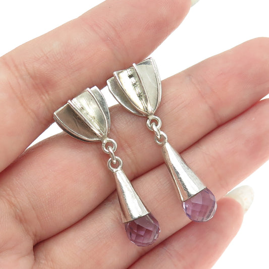 925 Sterling Silver Vintage Real Amethyst Modernist Drop Dangling Earrings