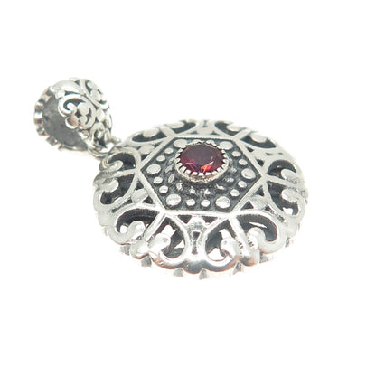 BERIA 925 Sterling Silver Round-Cut Red Rhinestone Ornate Pendant