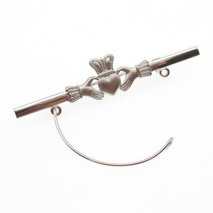 Beau 925 Sterling Silver Vintage Irish Claddagh Charm Holder Pin Brooch
