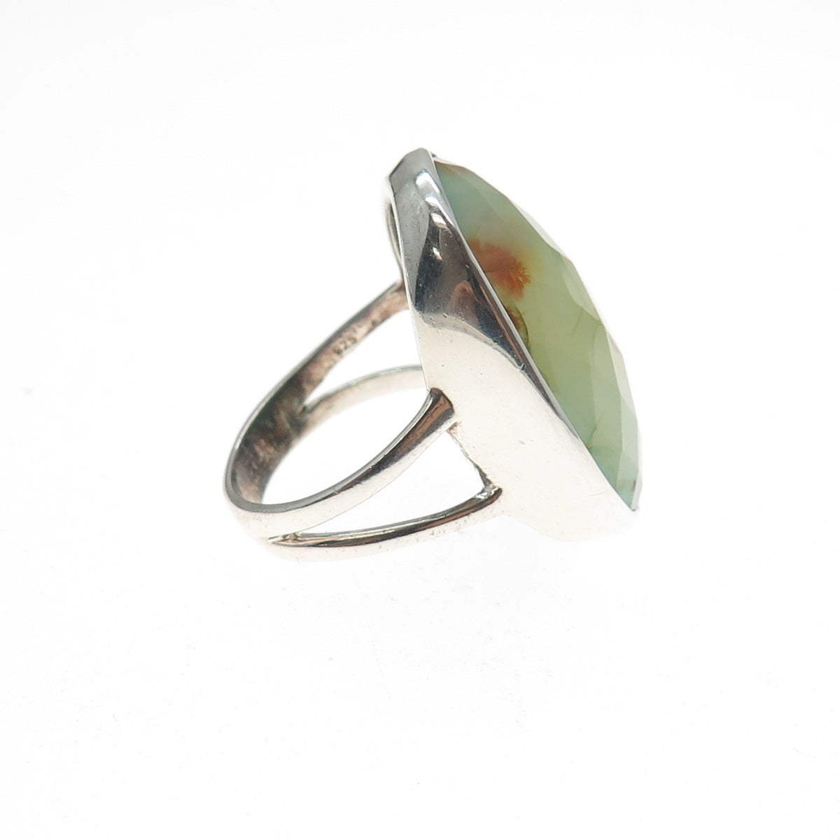 925 Sterling Silver Vintage Real Green Agate Modernist Ring Size 10