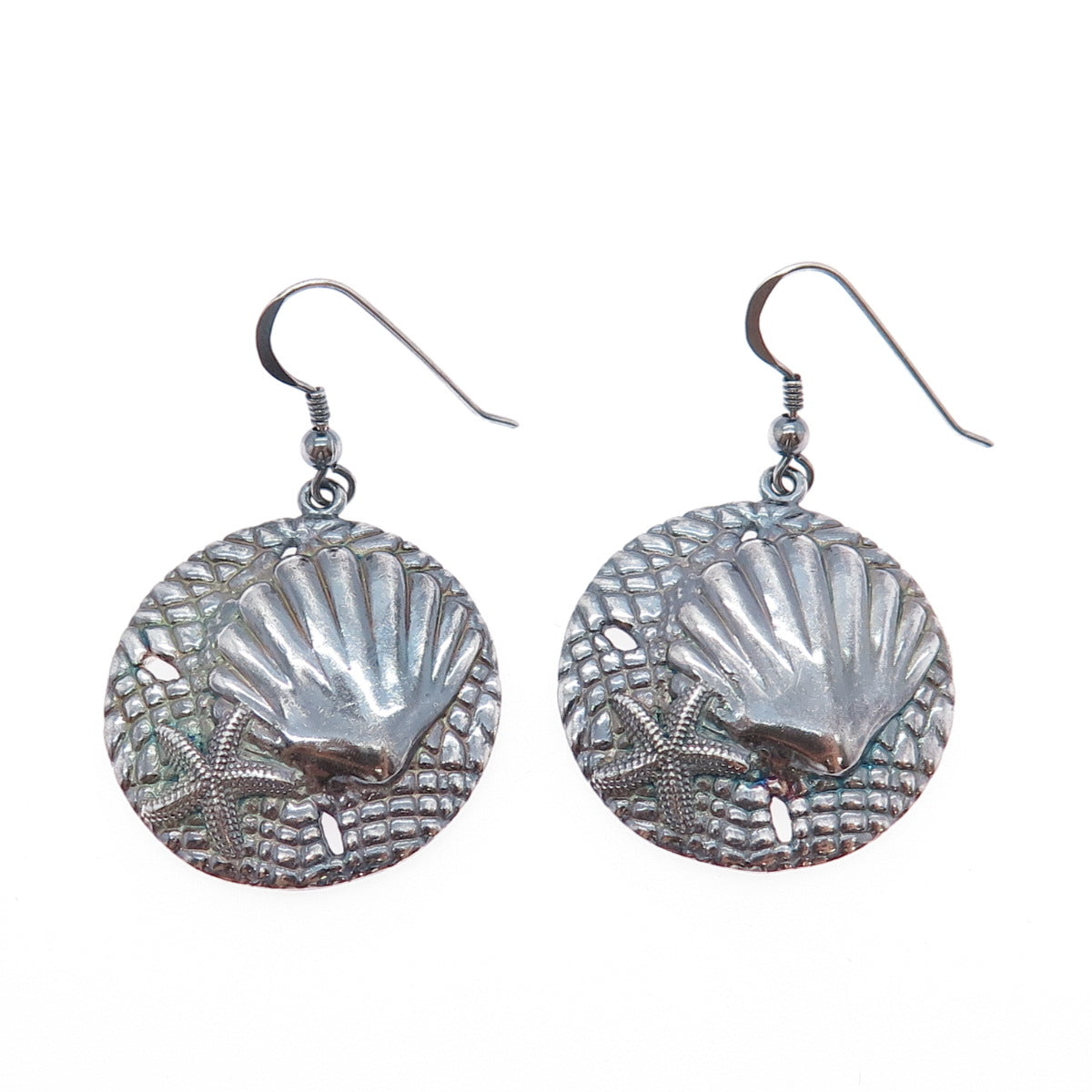 925 Sterling Silver Vintage Seashell & Starfish Oxidized Dangle Earrings