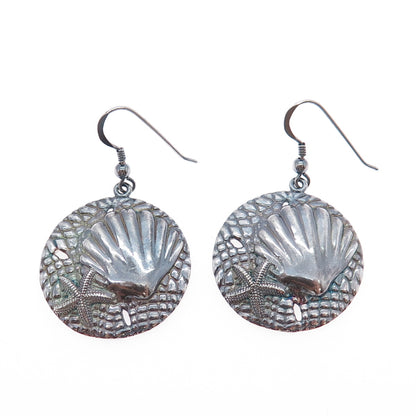 925 Sterling Silver Vintage Seashell & Starfish Oxidized Dangle Earrings