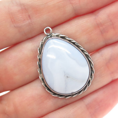 925 Sterling Silver Vintage Real Blue Lace Agate Teardrop Charm Pendant