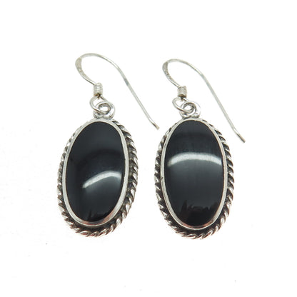 925 Sterling Silver Vintage Real Black Onyx Roped Dangling Earrings