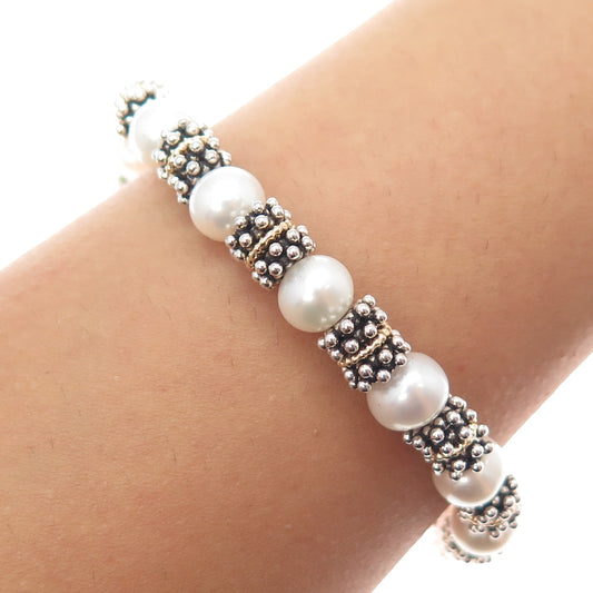 14K Gold 925 Sterling Silver Vintage Real Pearl & Red Garnet Beaded Bracelet 7"