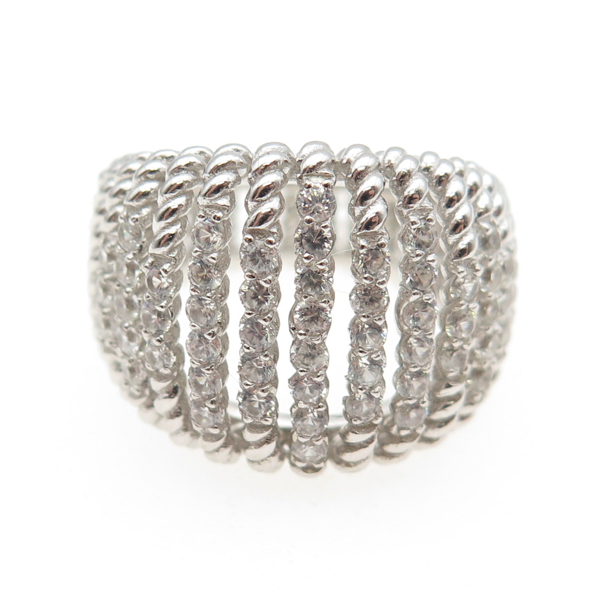 925 Sterling Silver Round-Cut C Z Ribbed Dome Ring Size 7.25