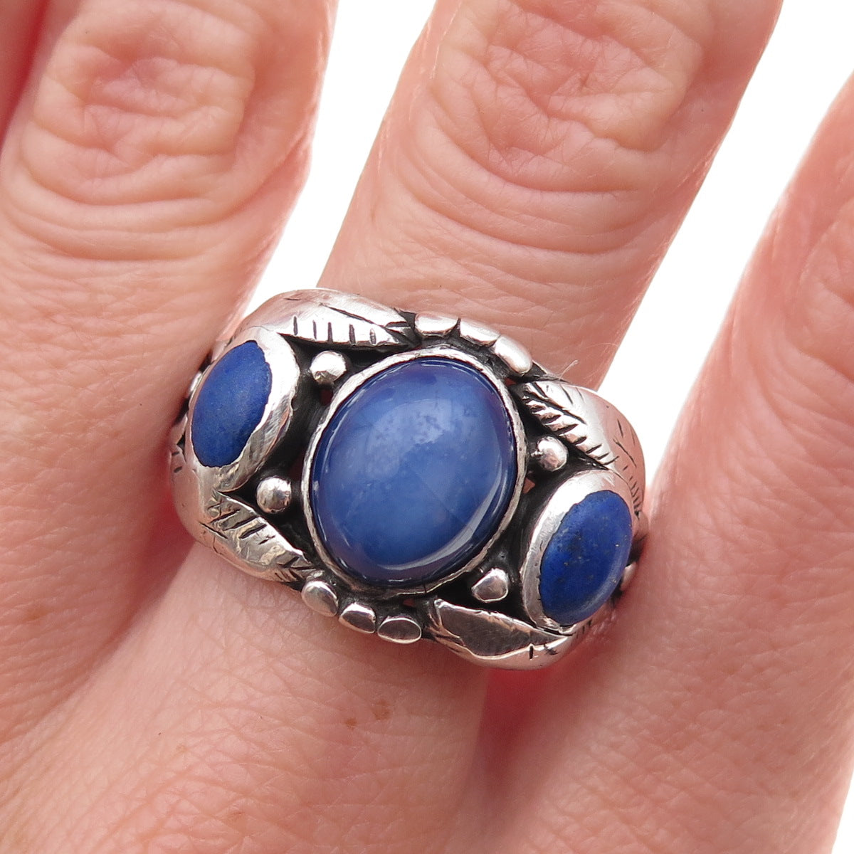 925 Sterling Antique Art Deco Lab-Created Sapphire Real Lapis Ring Size 12.75