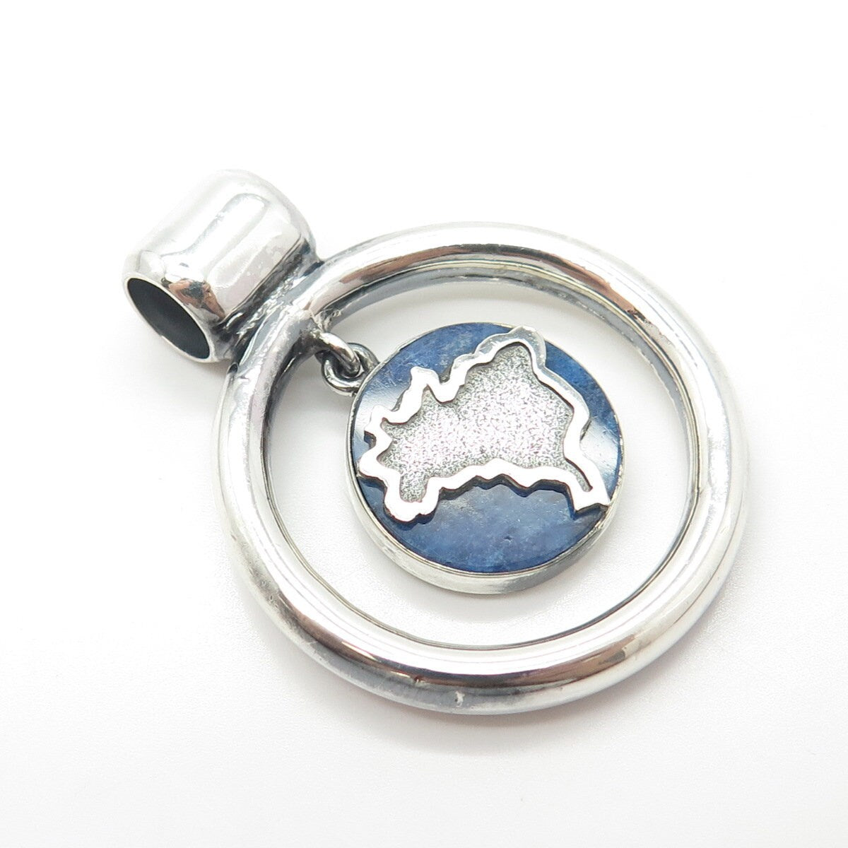 950 Silver Vintage Real Sodalite Gem Globe Handmade Amulet Slide Pendant