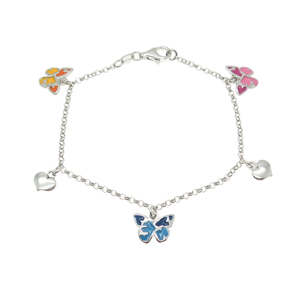 925 Sterling Silver Enamel Butterfly & Heart Charm Rolo Link Bracelet 7"