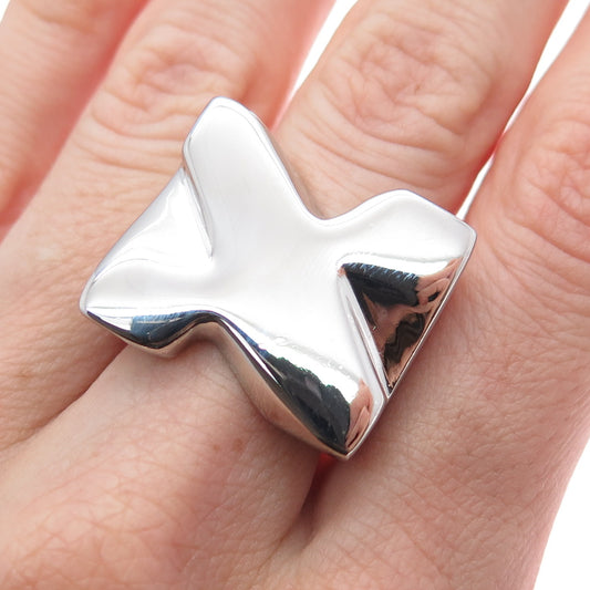 925 Sterling Silver Vintage Modernist X Shape Statement Ring Size 7