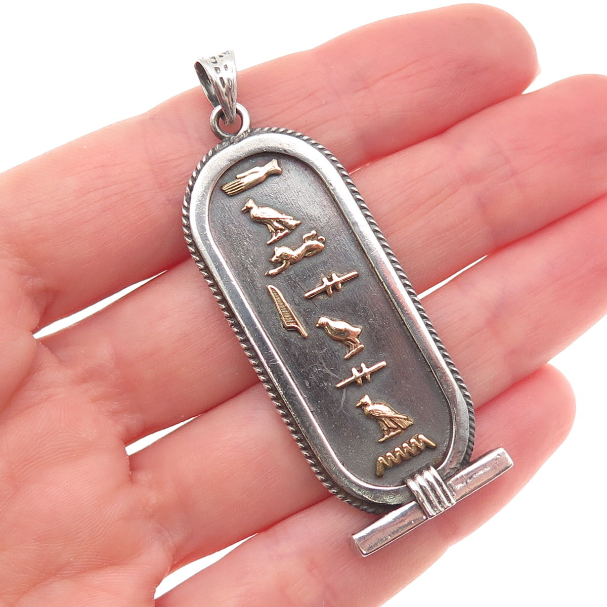 800 Silver 2-Toine Vintage Egyptian Cartouche Scarab Oxidized Pendant