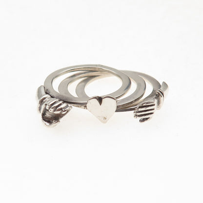 925 Sterling Silver Vintage Mexico Irish Claddagh Oxidized Folding Ring Size 6