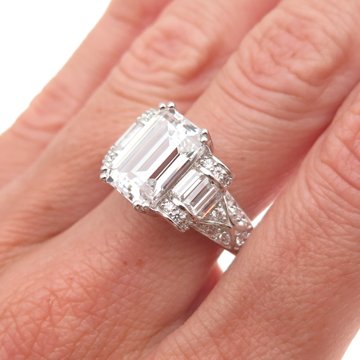 925 Sterling Silver Round & Emerald-Cut C Z Engagement Ring Size 8