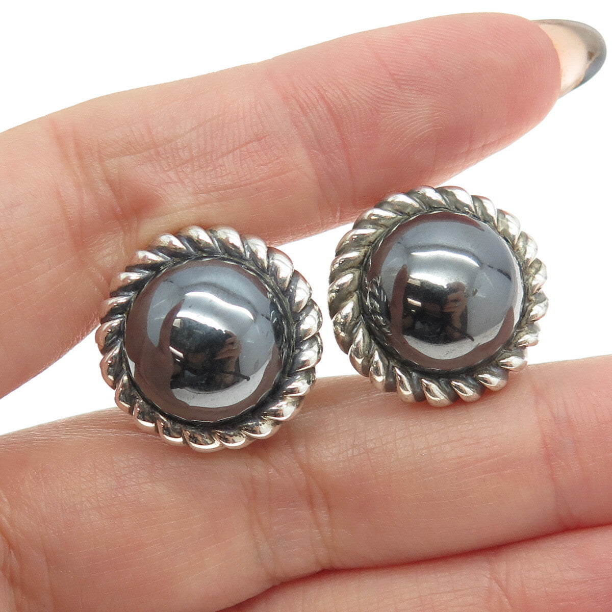 925 Sterling Silver Vintage Real Hematite Omega Back Earrings