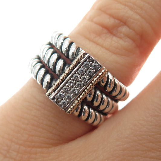 14K Gold 925 Sterling Silver Vintage Real Round-Cut Diamond 3-Row Ring Size 6.25