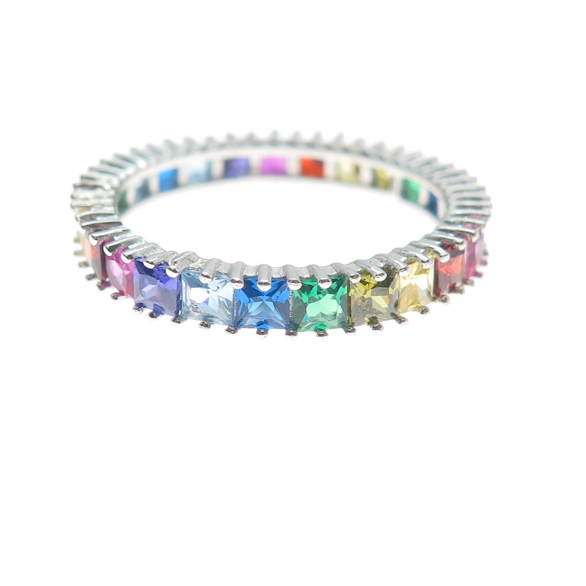925 Sterling Silver Multi-Color C Z All Around Eternity Band Ring Size 7.75