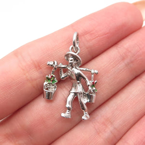 925 Sterling Silver Vintage Old Stock Enamel Man Carrying Flower Buckets Pendant