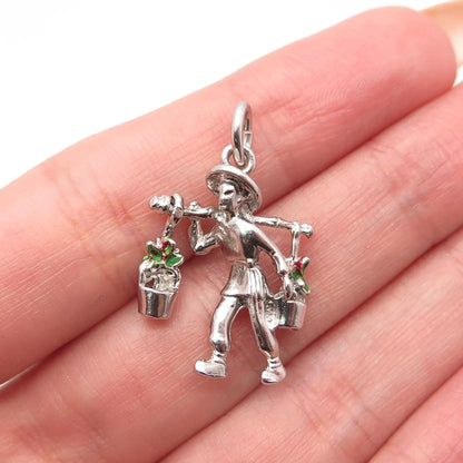 925 Sterling Silver Vintage Old Stock Enamel Man Carrying Flower Buckets Pendant