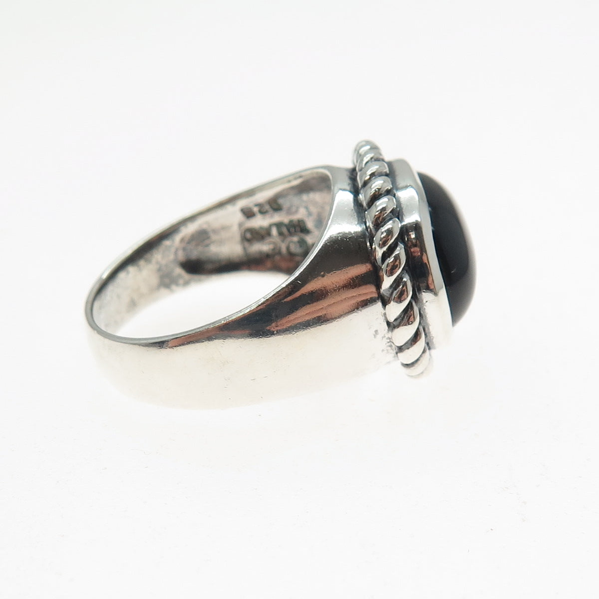 925 Sterling Silver Vintage Real Cabochon Black Onyx Oxidized Ring Size 7.25