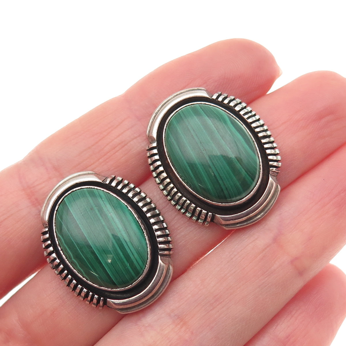 Leslie Yazzie Navajo Old Pawn 925 Sterling Silver Vintage Malachite Earrings