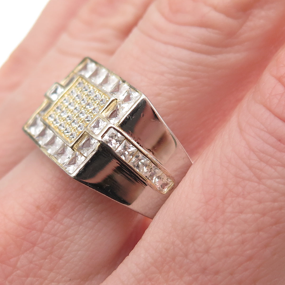 925 Sterling Silver 2-Tone Vintage Round & Princess-Cut C Z Ring Size 11