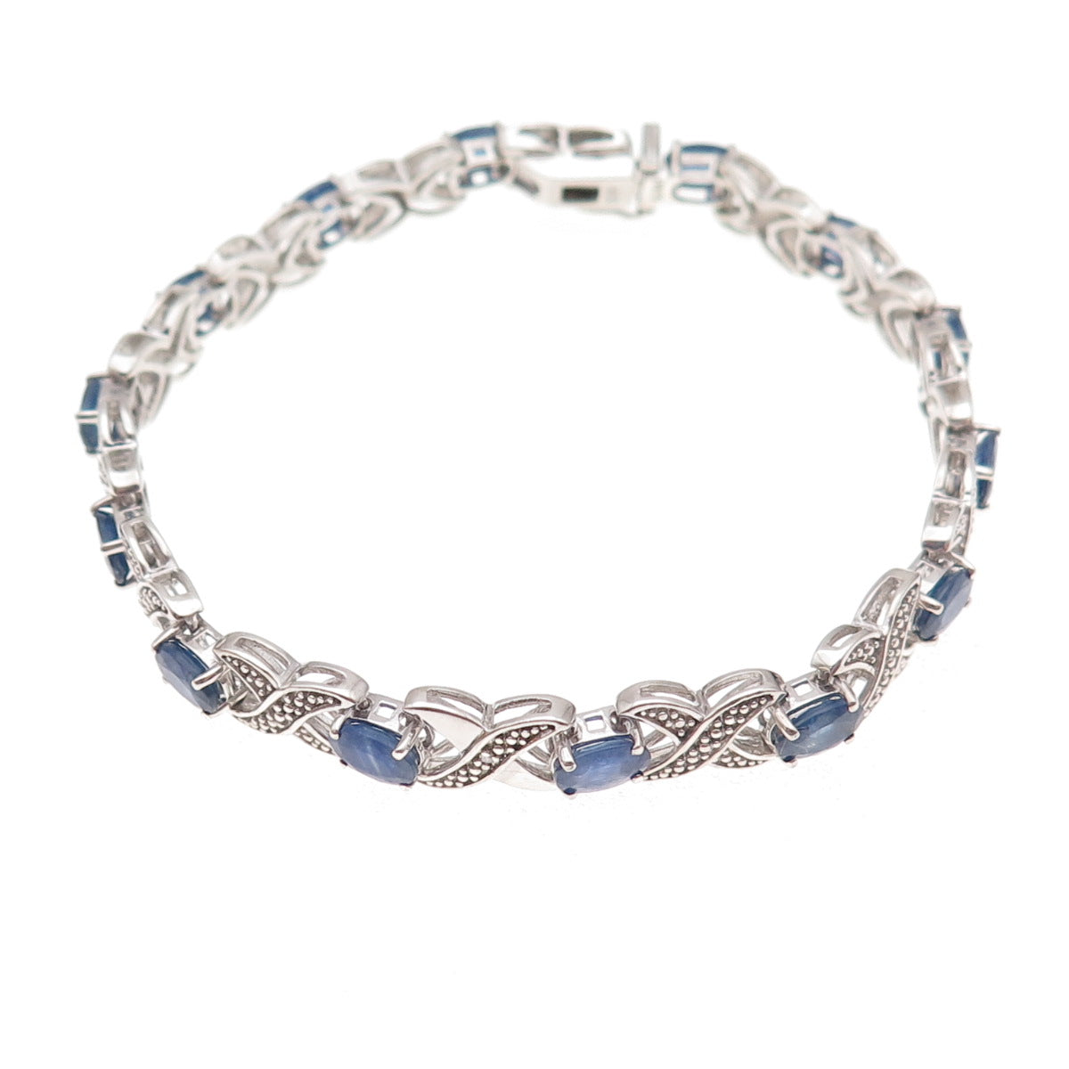 925 Sterling Silver Real Diamond & Sapphire X-Link Bracelet 7.25"