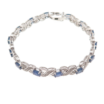 925 Sterling Silver Real Diamond & Sapphire X-Link Bracelet 7.25"