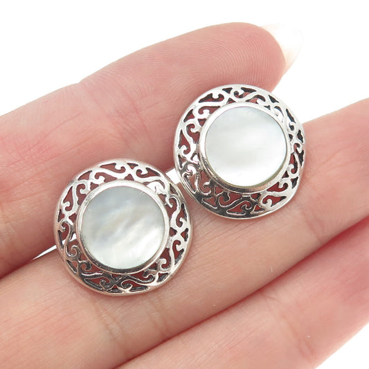 925 Sterling Silver Vintage Real Mother-of-Pearl Ornate Earrings