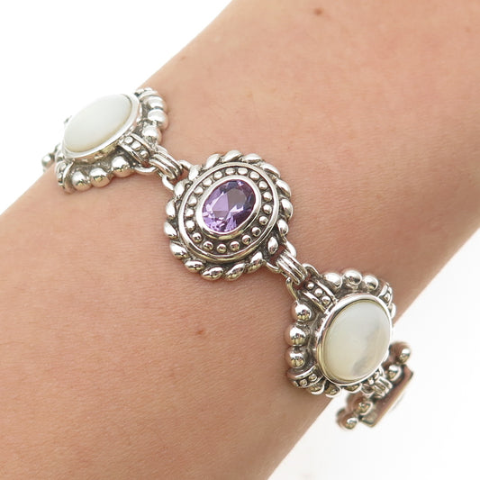 925 Sterling Silver Vintage Real MOP Amethyst & Blue Topaz Bracelet 7.75"