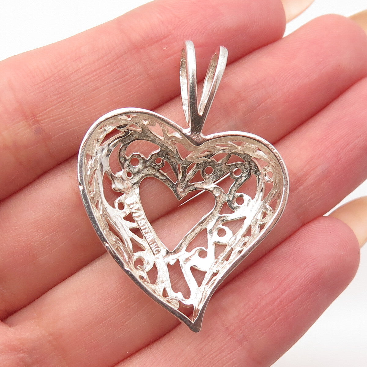 925 Sterling Silver Vintage Ornate Open Heart Slide Pendant