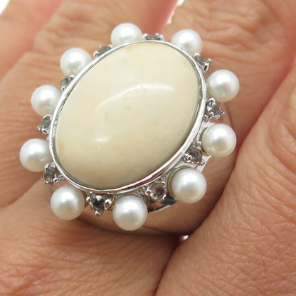 SAI 925 Sterling Silver Real Pearl Jasper & Smoky Topaz Statement Ring Size 7.5