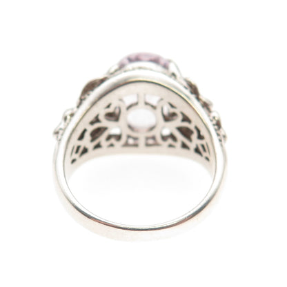 925 Sterling Silver Vintage Real Amethyst & White Topaz Modernist Ring Size 8