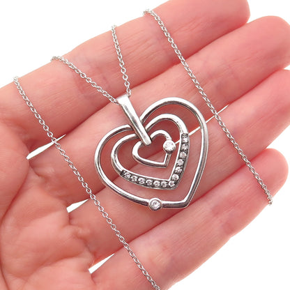 925 Sterling Silver Round-Cut C Z Triple Heart Cable Chain Necklace 18"