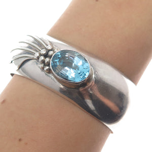 925 Sterling Silver Vintage Real Blue Topaz Modernist Adjustable Bracelet 6.25"