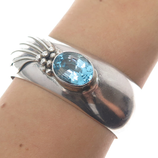 925 Sterling Silver Vintage Real Blue Topaz Modernist Adjustable Bracelet 6.25"