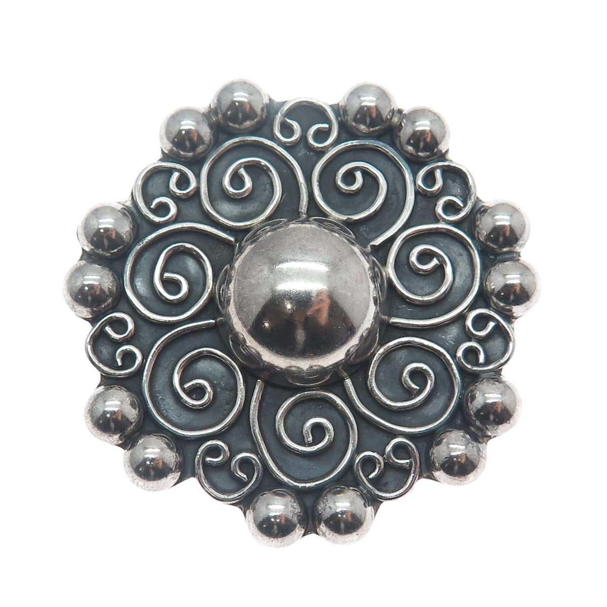 925 Sterling Silver Vintage Mexico Floral Beaded Oxidized Pin Brooch / Pendant