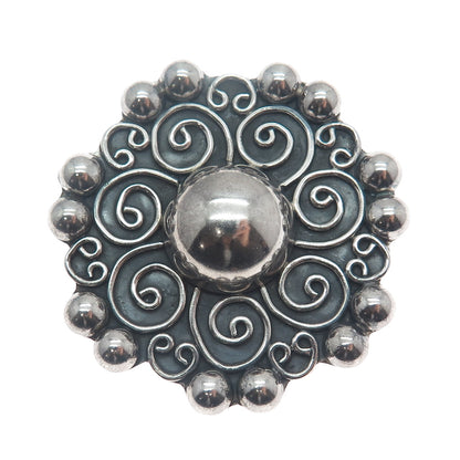 925 Sterling Silver Vintage Mexico Floral Beaded Oxidized Pin Brooch / Pendant