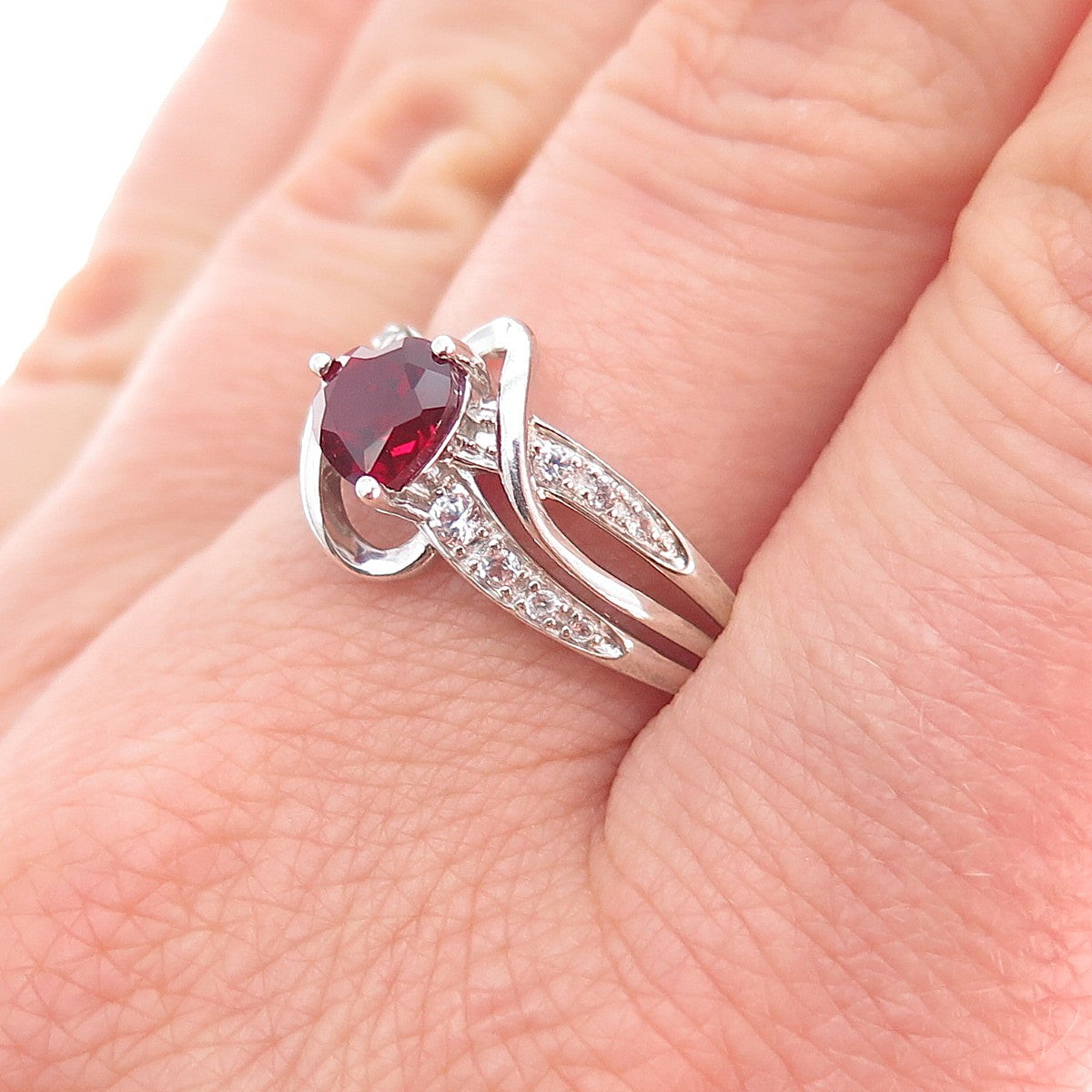 925 Sterling Silver Real White Topaz & Lab-Created Ruby Heart Ring Size 9