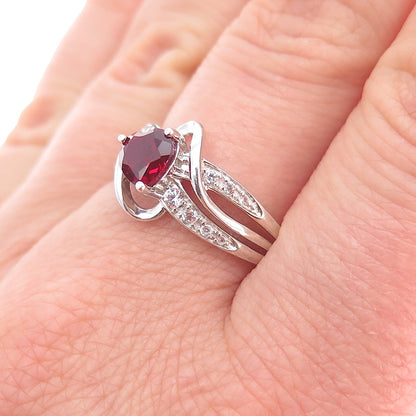 925 Sterling Silver Real White Topaz & Lab-Created Ruby Heart Ring Size 9