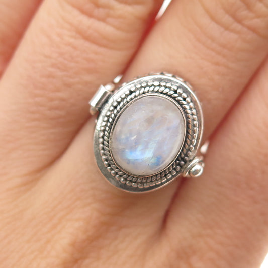925 Sterling Silver Vintage Real Moonstone Poison Ring Size 8.5