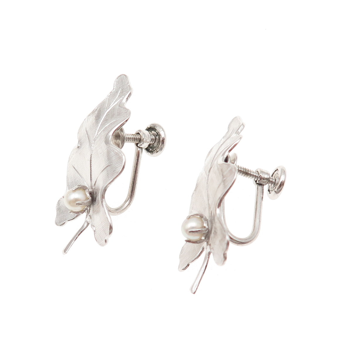 Carl Art 925 Sterling Antique Art Deco Real Pearl Oak Leaf Screw Back Earrings