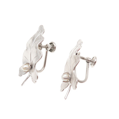 Carl Art 925 Sterling Antique Art Deco Real Pearl Oak Leaf Screw Back Earrings