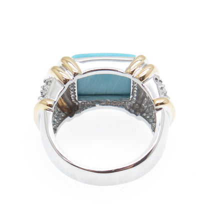 ROSS SIMONS 925 Sterling Silver 2-Tone Faux Turquoise & C Z Ring Size 6