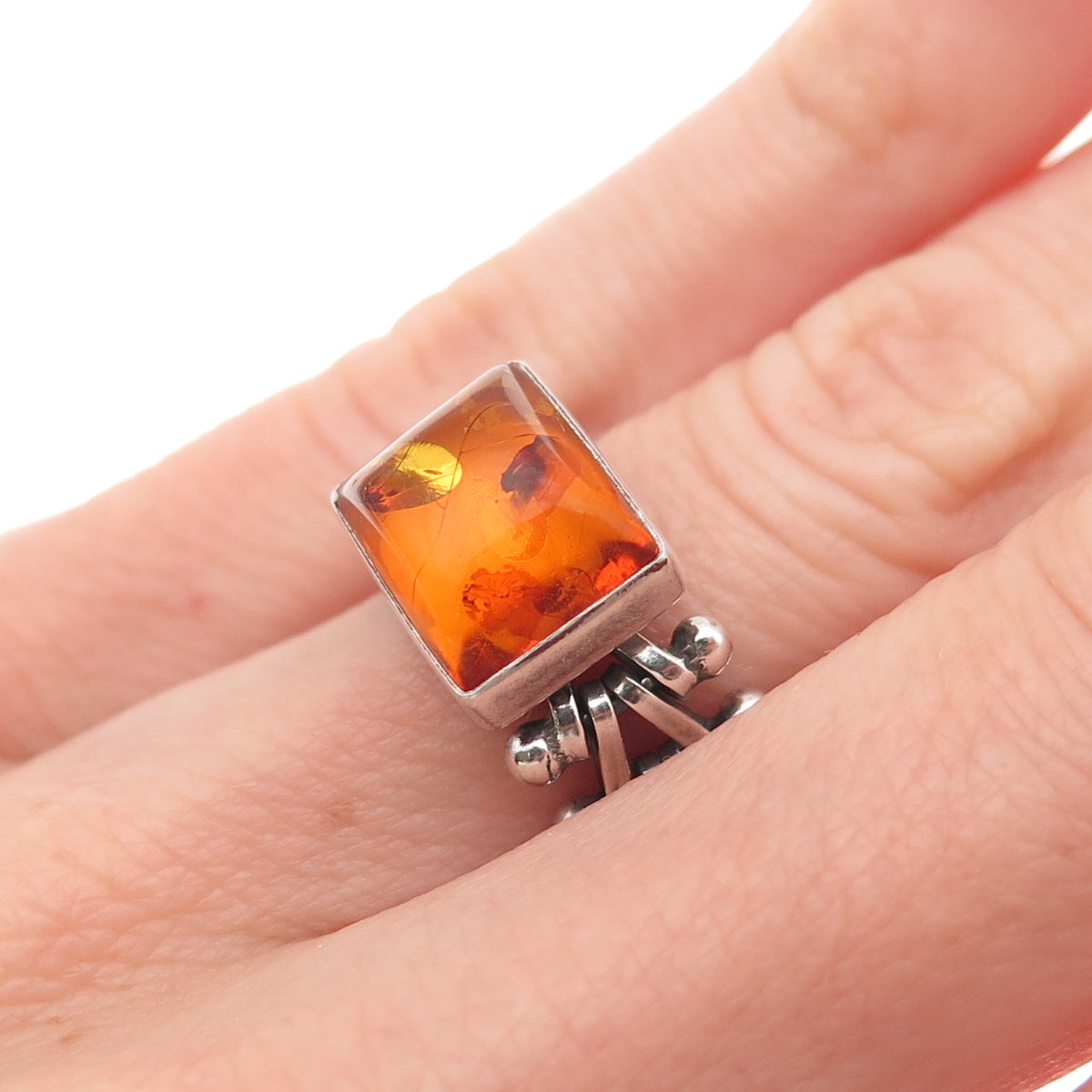 925 Sterling Silver Vintage Real Amber Modernist Oxidized Ring Size 6.5