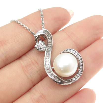 925 Sterling Silver Real Pearl & Round-Cut C Z Heart Cable Chain Necklace 16"