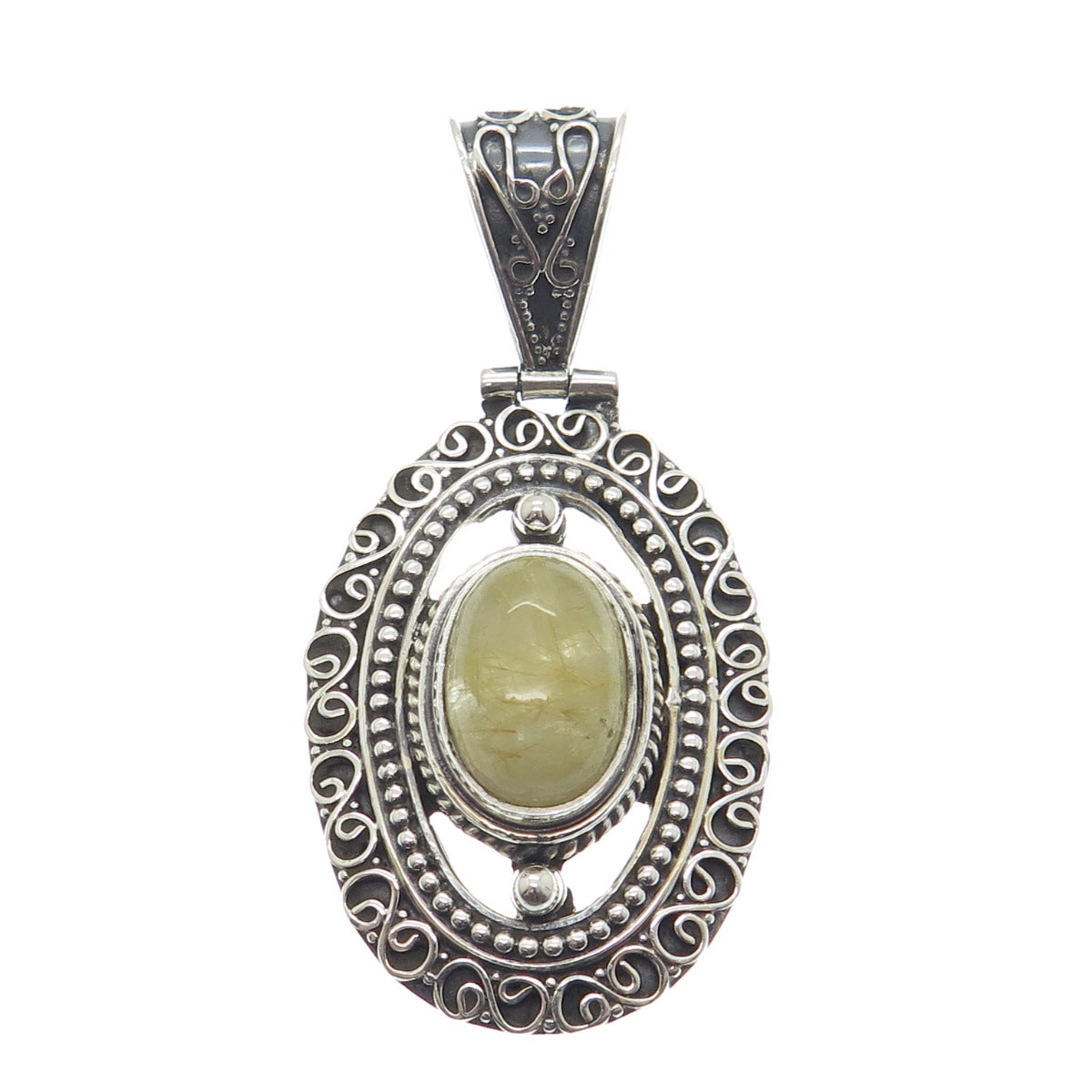 925 Sterling Silver Vintage Real Rutilated Quartz Boho Ornate Pendant