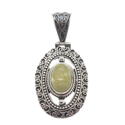 925 Sterling Silver Vintage Real Rutilated Quartz Boho Ornate Pendant