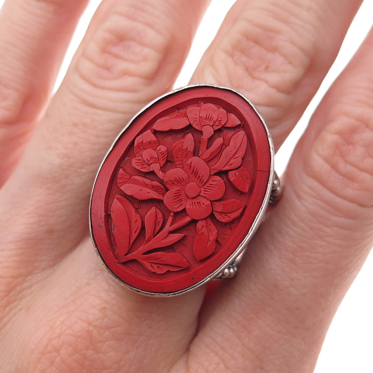 Sajen 925 Sterling Silver Vintage Carved Cinnabar Adjustable Ring Size 9.25