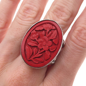 Sajen 925 Sterling Silver Vintage Carved Cinnabar Adjustable Ring Size 9.25